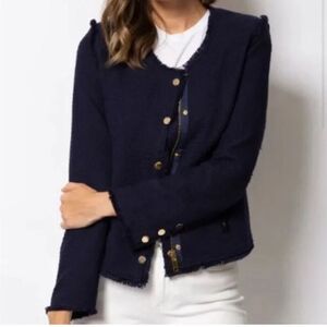 One/Third‎ Tweed Fringed Trim Gold Zip Military Blazer Navy Dressy Size Small